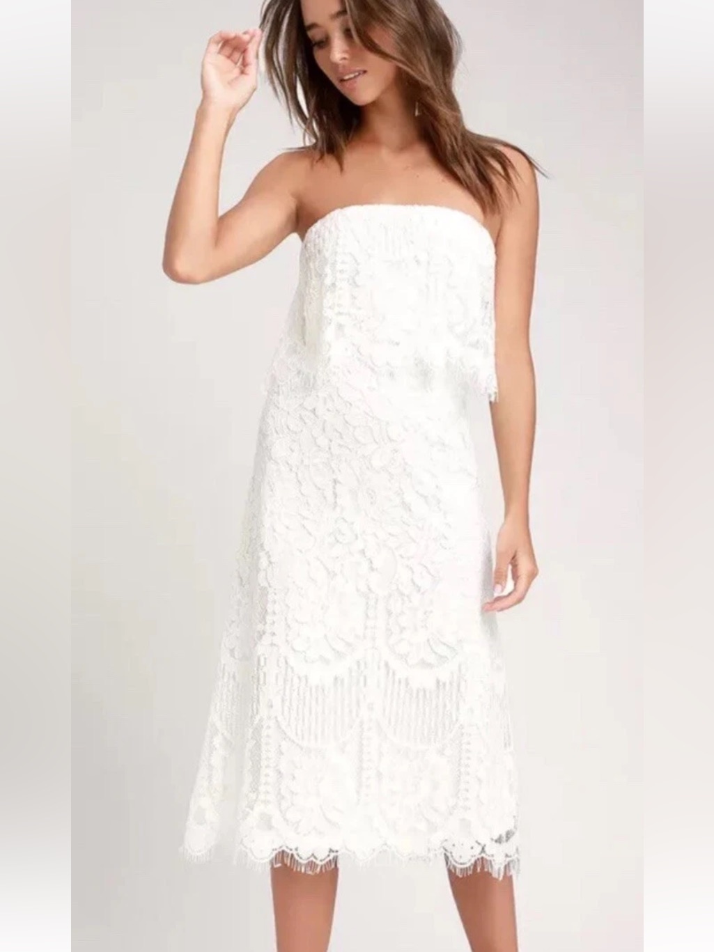 Nwt Lulu’s Delia White Lace Strapless Midi Dress Sz M
